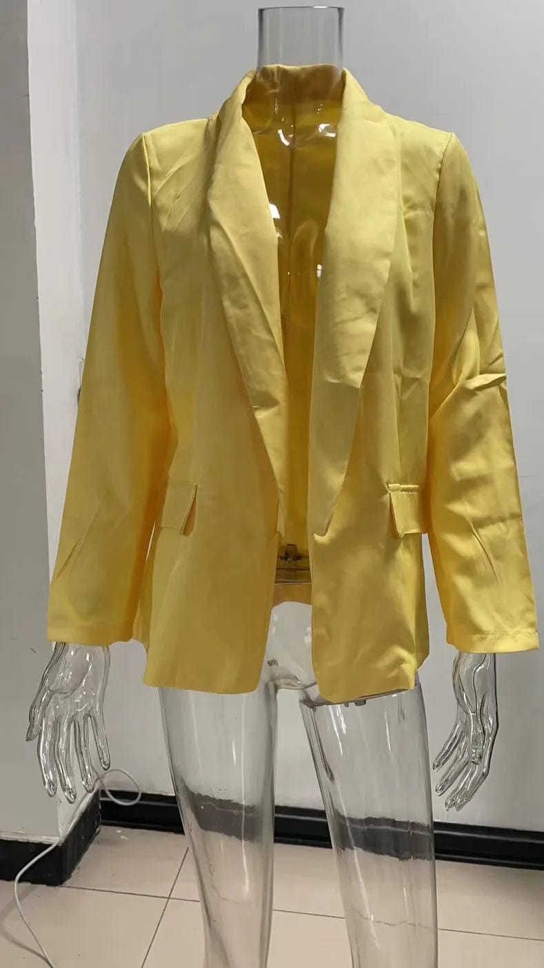 XL / Yellow New Women Office Lady Lapel Blazer Long Sleeve Slim Cardigan OL Solid Color Casual Suit Jacket