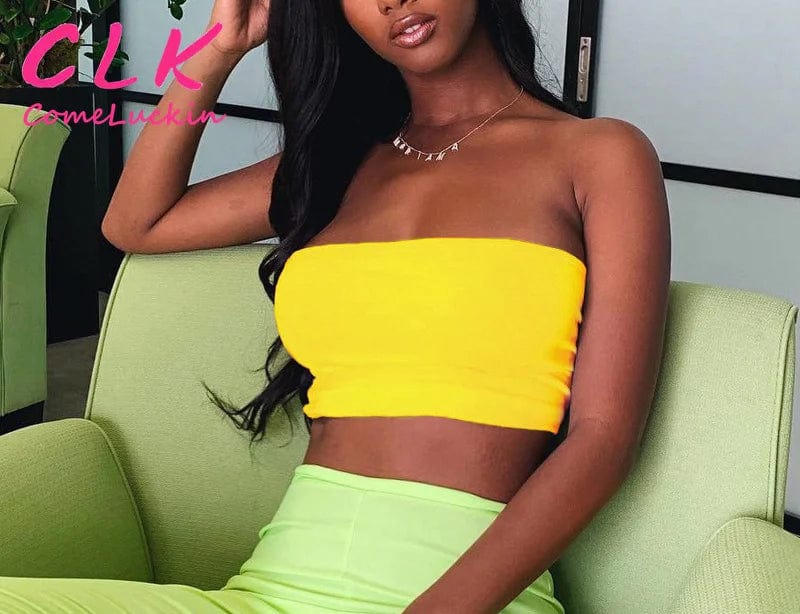 XL / Yellow / Spandex / Polyester Fashion 2024 Spring New Sleeveless Strapless Crop Top Custom Logo Bodycon Sexy Casual Outfit Streetwear Top For Women