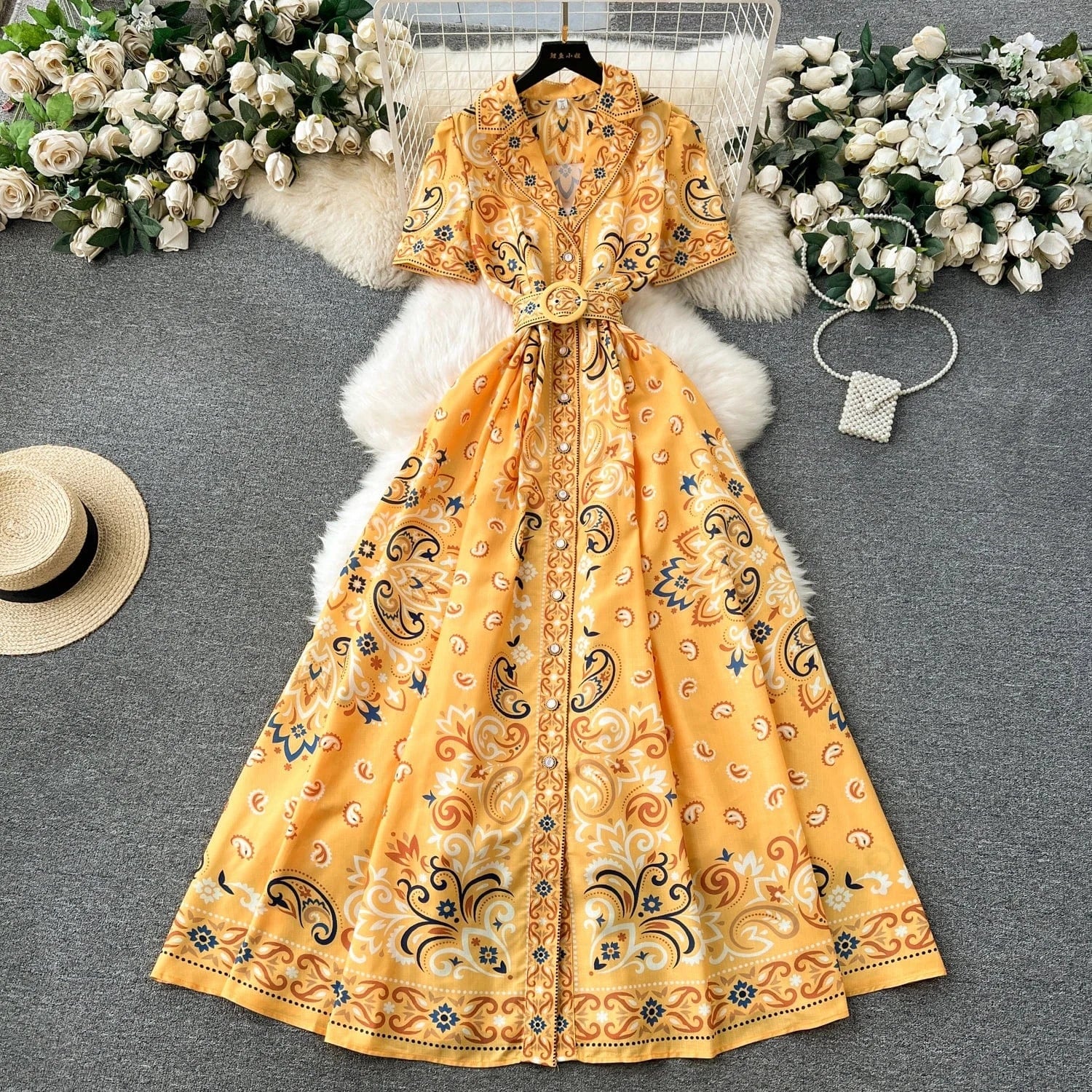 XL / Yellow Spring / Summer 2024 Vintage V-neck Small Flying Sleeve Long Print Dress