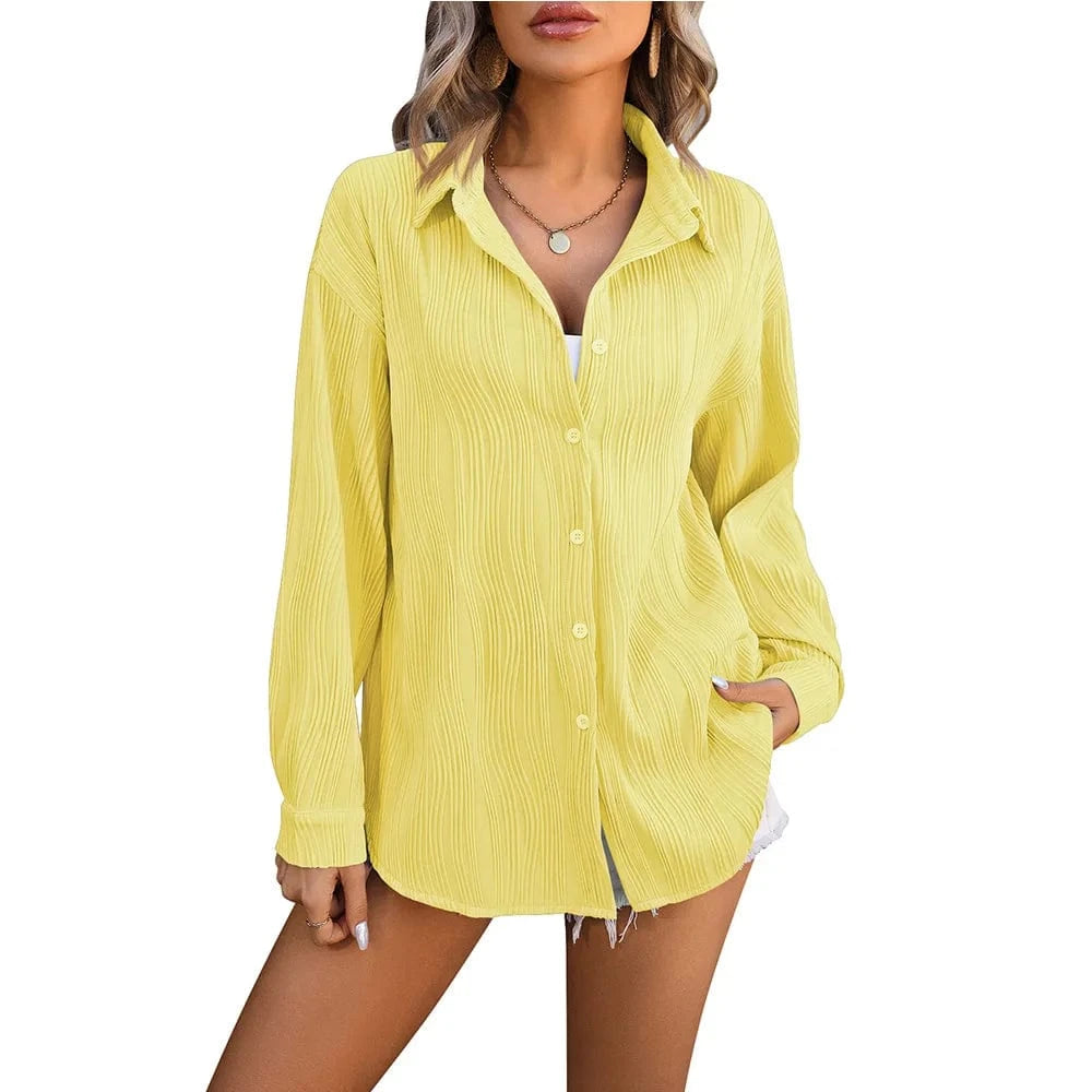 XL / Yellow Spring Summer New Wavy Texture Loose Fashion Shirt Ladies Office Casual Lapel Long Sleeves Shirt