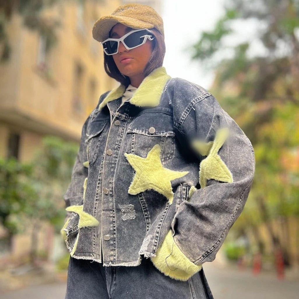 XL / Yellow T2905 Women Jacket 2024 Patchwork Pattern Button Jacket Vintage Girls Denim Jacket