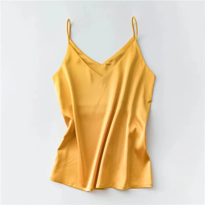 XL / Yellow Women Summer Silk-Like Satin Tank Top Camisole Ladies Bottoming Shirt Sexy V-Neck Plain Camis 2024