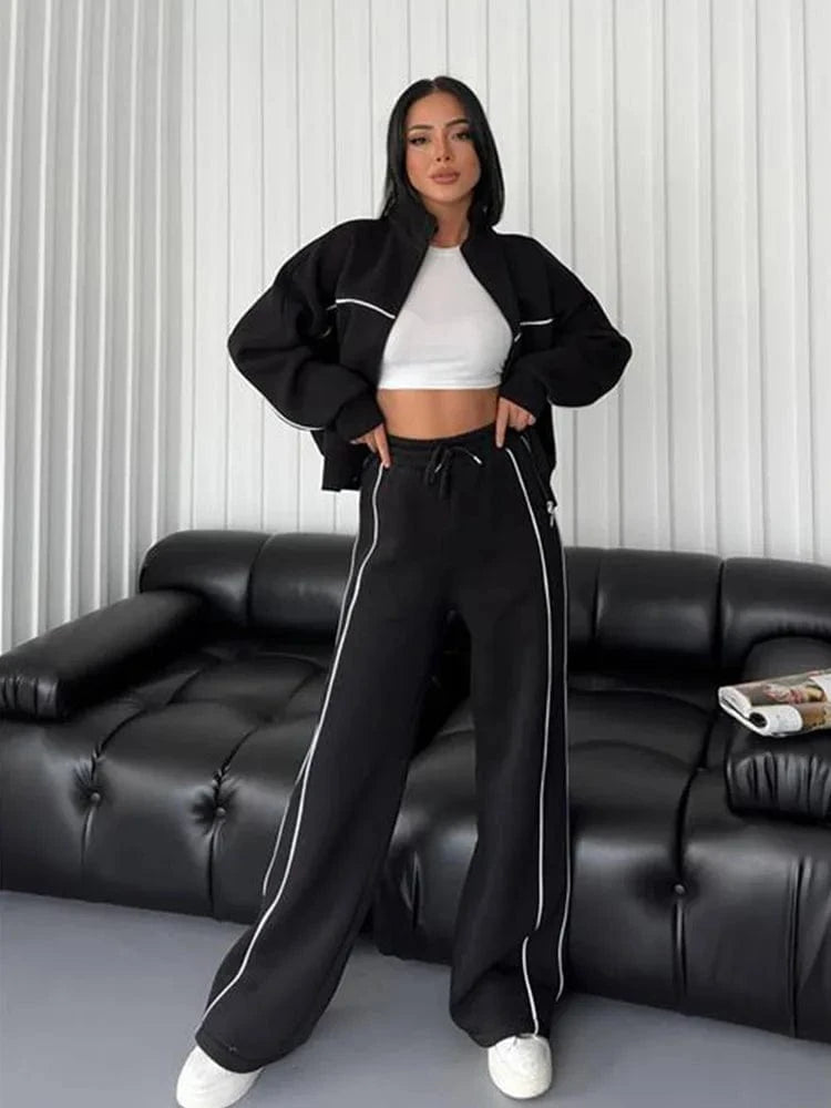 XL / Z1101ST01 Black Bomblook Z1101ST01 New 2024 Casual Long Sleeve Zipper Cardigan Pants Tracksuit Sports Outfit Suit 2 piece Pants Set for Women