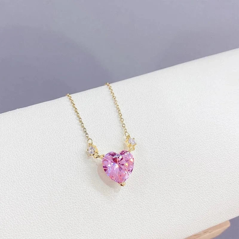 XL61457 / 18inches stainless steel chain / Gold XL61457 Korean fashion cute stainless steel chain pink zirconia heart pendant necklace for women gold plated jewelry