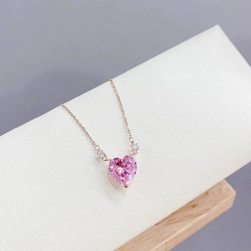 XL61457 / 18inches stainless steel chain / Rose Gold XL61457 Korean fashion cute stainless steel chain pink zirconia heart pendant necklace for women gold plated jewelry