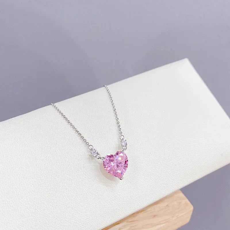 XL61457 / 18inches stainless steel chain / Silver XL61457 Korean fashion cute stainless steel chain pink zirconia heart pendant necklace for women gold plated jewelry