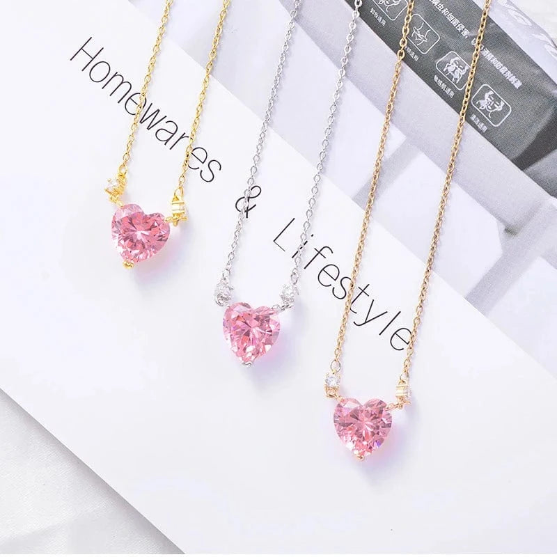 XL61457 Korean fashion cute stainless steel chain pink zirconia heart pendant necklace for women gold plated jewelry