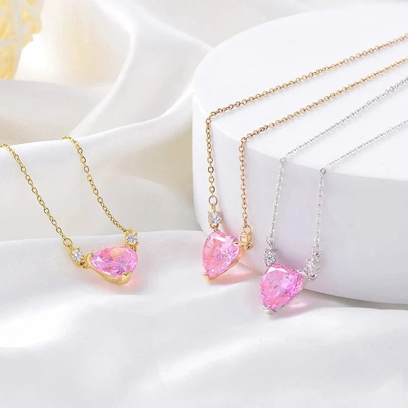 XL61457 Korean fashion cute stainless steel chain pink zirconia heart pendant necklace for women gold plated jewelry