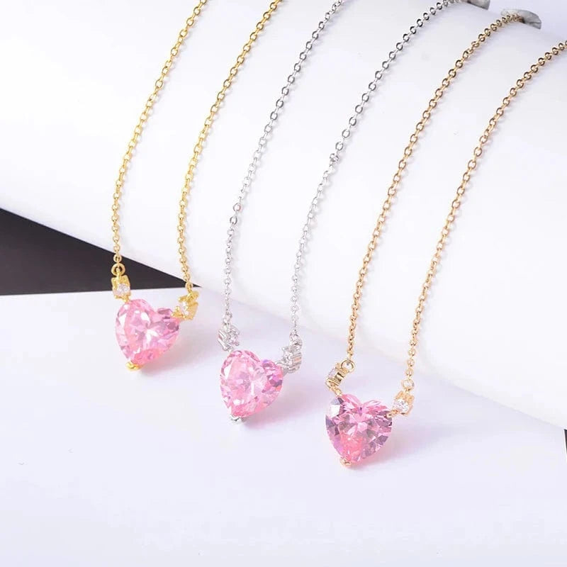 XL61457 Korean fashion cute stainless steel chain pink zirconia heart pendant necklace for women gold plated jewelry