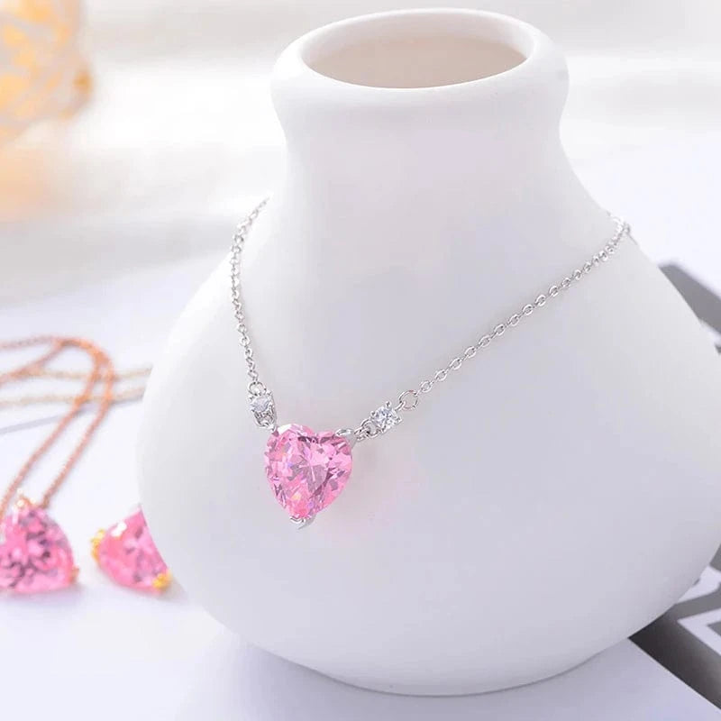 XL61457 Korean fashion cute stainless steel chain pink zirconia heart pendant necklace for women gold plated jewelry