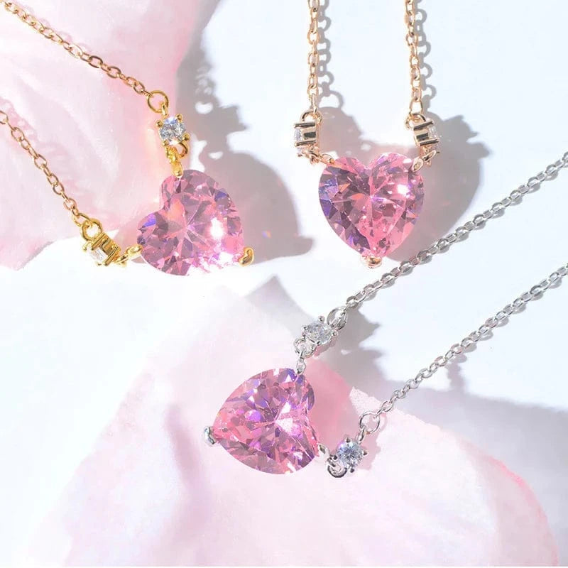 XL61457 Korean fashion cute stainless steel chain pink zirconia heart pendant necklace for women gold plated jewelry