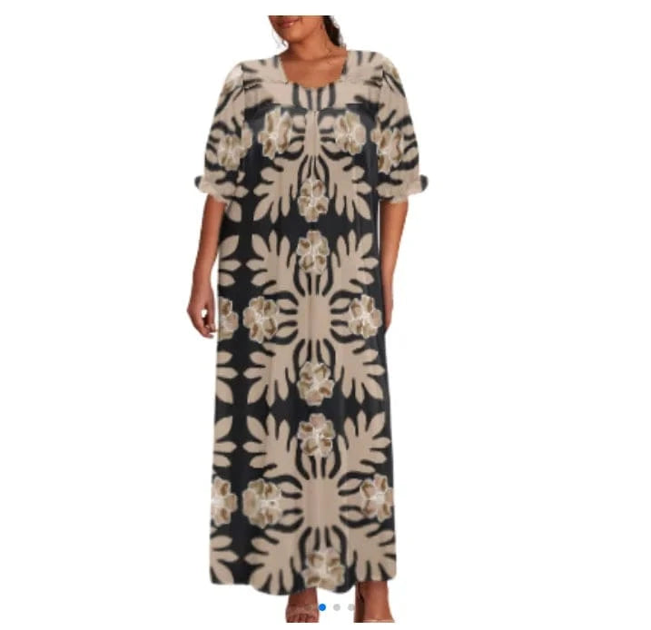 XS / 20231011121901 brand new 2024 summer beach isalnd casual tribal dress custom design polynesian puff sleeve large size straight long mumu dress