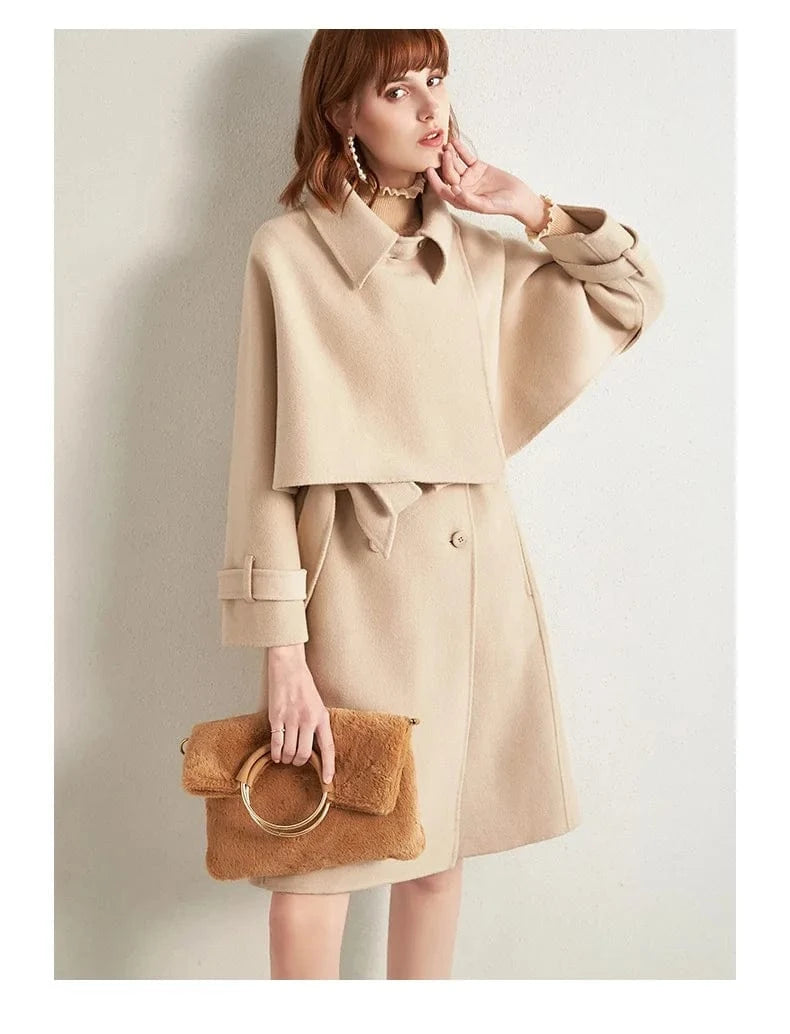 XS / Apricot Wholesale high quality luxury winter new design ladies cloak two piece set wool coat women