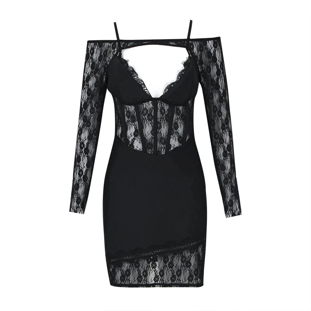 XS / Black 2024 New Spaghetti Strap Bandages Dress Women Sexy Lace Bodycon Clothes Club Party Evening Elegant Dress