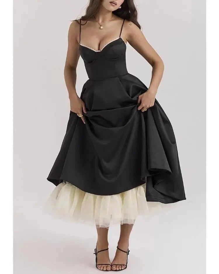 XS / Black Best Quality Elegant Party Strap Cut Out Ruffle Double Layer Halter Sexy Dress Women