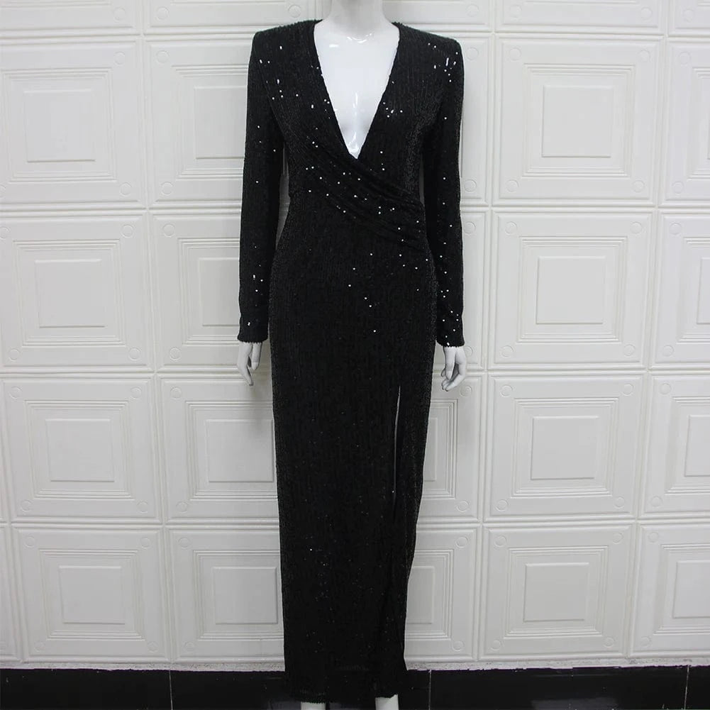 XS / Black Black Long Sleeves Sequined Dresses High Split Party Dresses Women Evening Elegant Dress