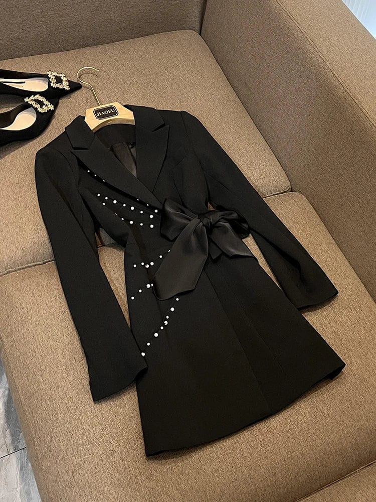 XS / Black Fall Winter Fashion Cloth Women Delicacy Bow Designed Long Sleeve Notched Beading Lady Blazer Dress