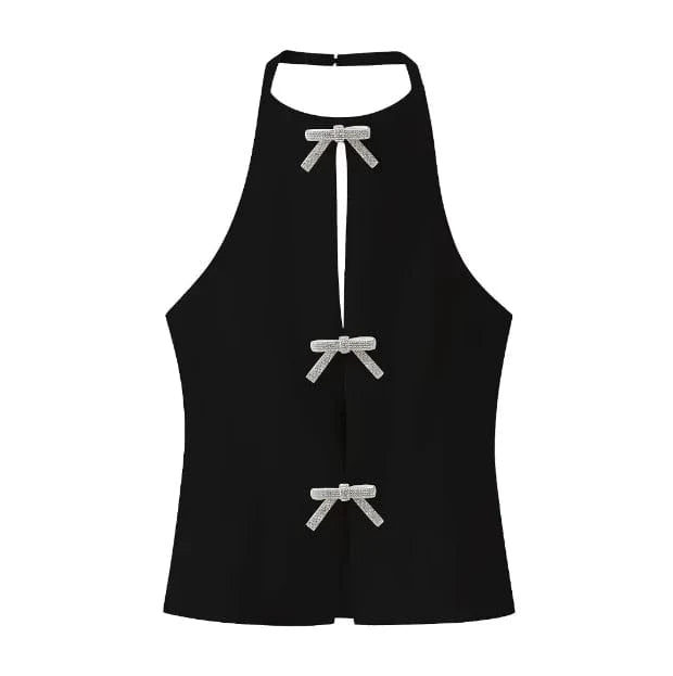 XS / Black GX3777 fashion 2024 summer women's street wear halter blouse ladies hollow out backless unique sequin bow design sleeveless top
