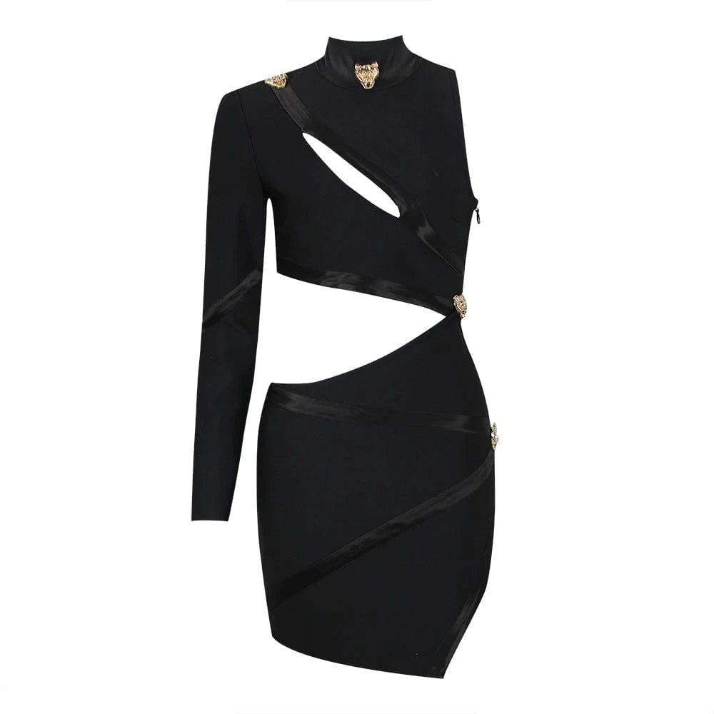 XS / Black High Quality Single Sleeve Cut-out Bandage Dress Bodycon with Leopard Button Women Dress Elegant