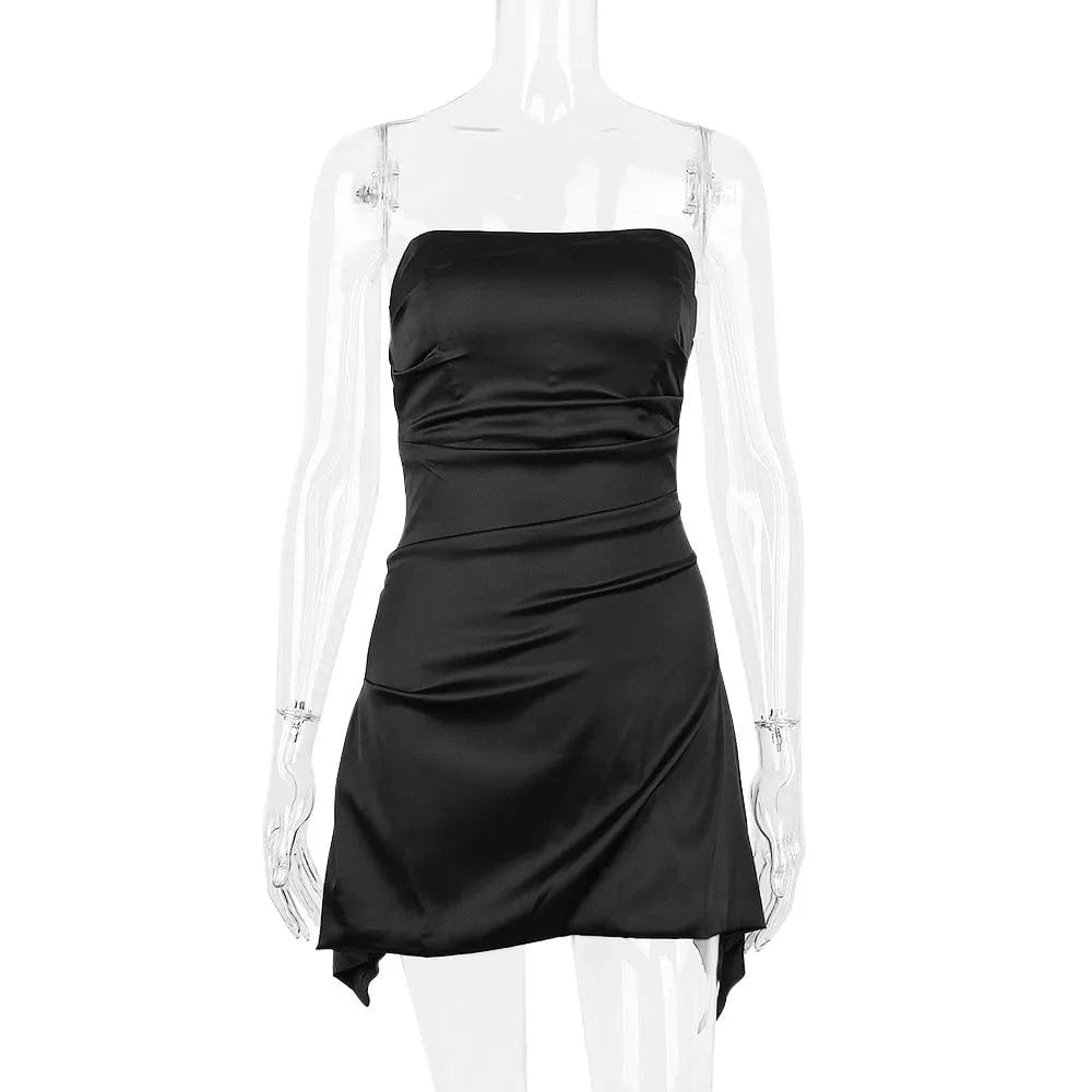 XS / Black luxury party off the shoulder silk bridesmaid ruched tight hot sexy elegant tube corset mini satin strapless dress for women