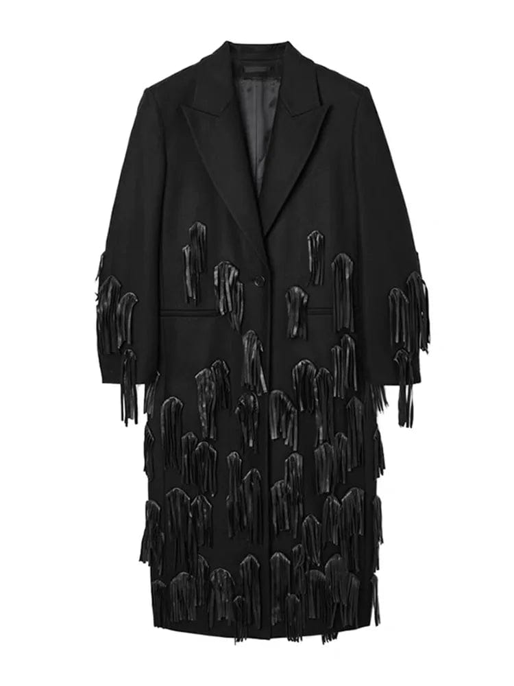 XS / Black OUDINA 2024 Fashion Luxury Blazer Velvet Jackets Tassel Long Blazer Windbreaker Jacket Women