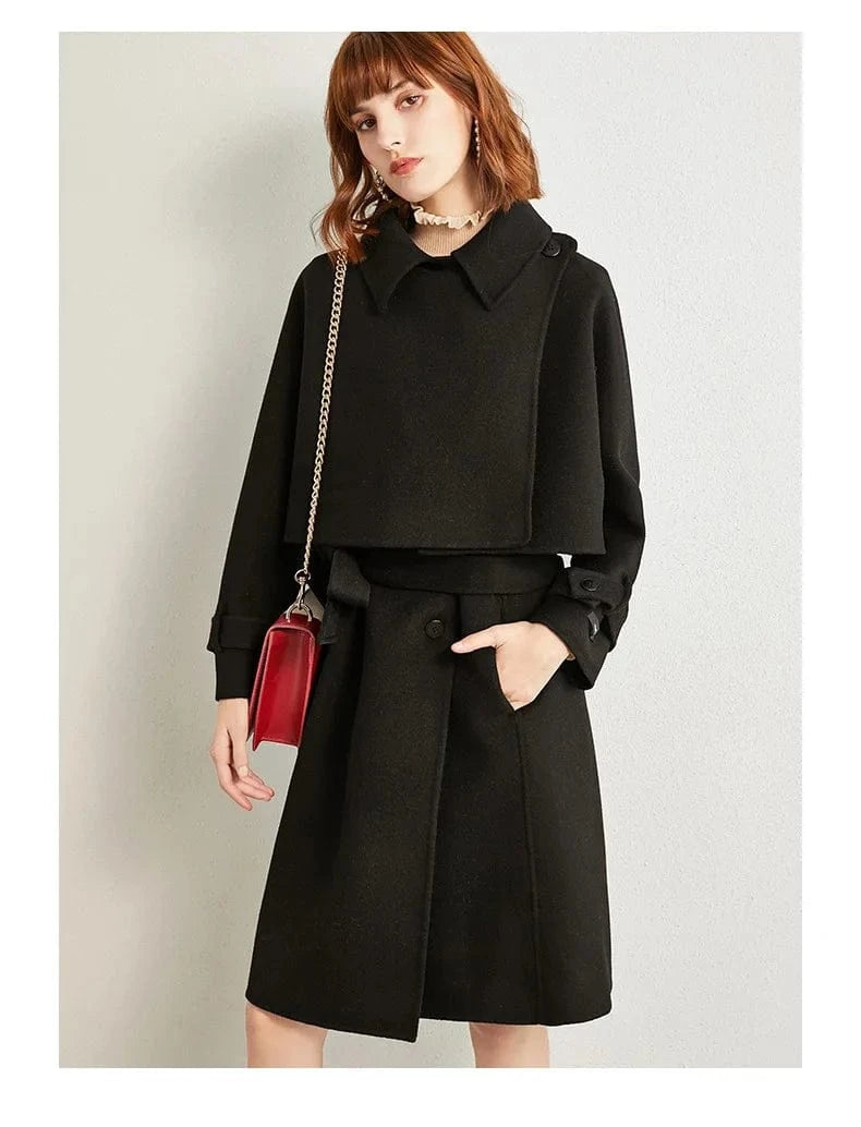 XS / Black Wholesale high quality luxury winter new design ladies cloak two piece set wool coat women
