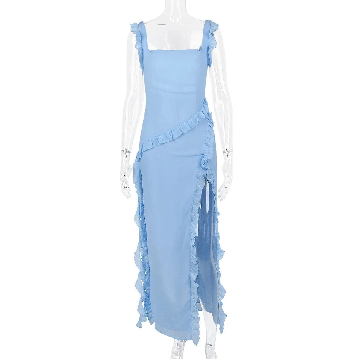 XS / Blue 2024 Elegant chiffon evening dresses for women maxi dress with slit women ruffle dress
