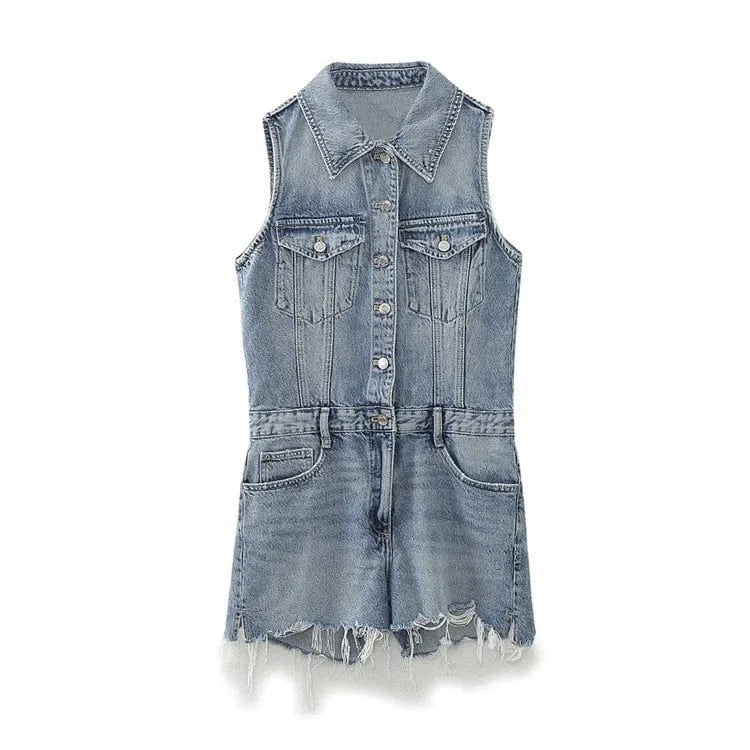 XS / Blue Short Overalls Jeans Turn-Down Collar Sleeveless High Waist Tassel Denim Jumpsuits For Women