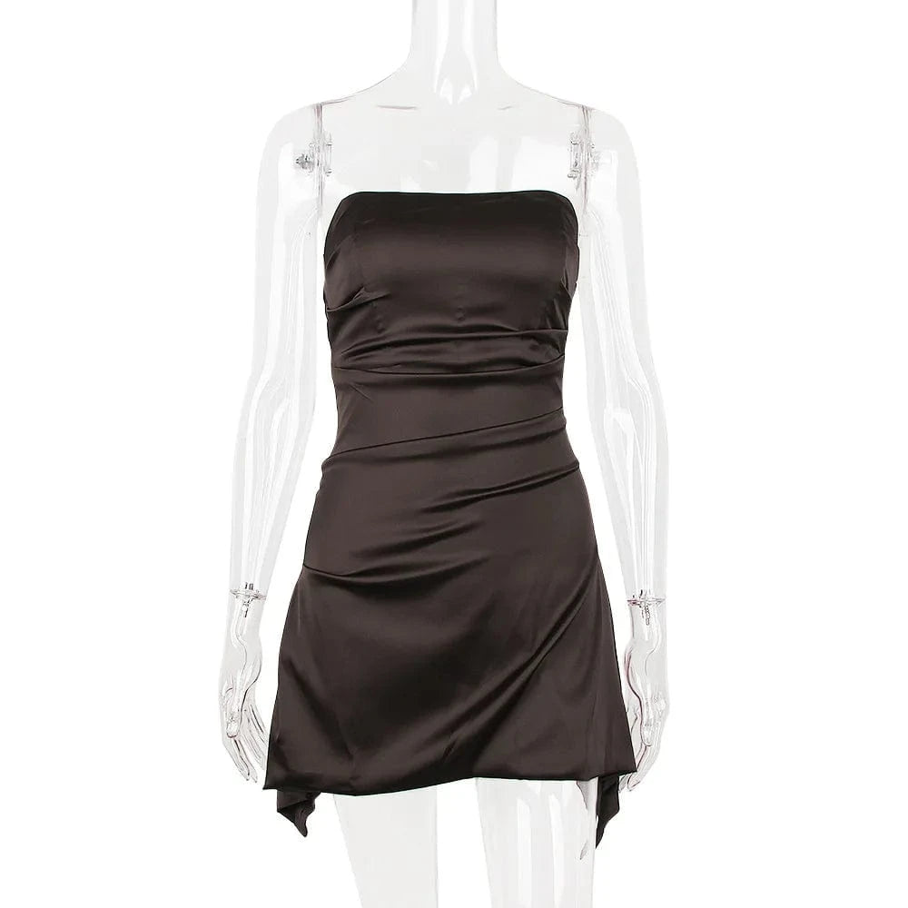 XS / Brown luxury party off the shoulder silk bridesmaid ruched tight hot sexy elegant tube corset mini satin strapless dress for women