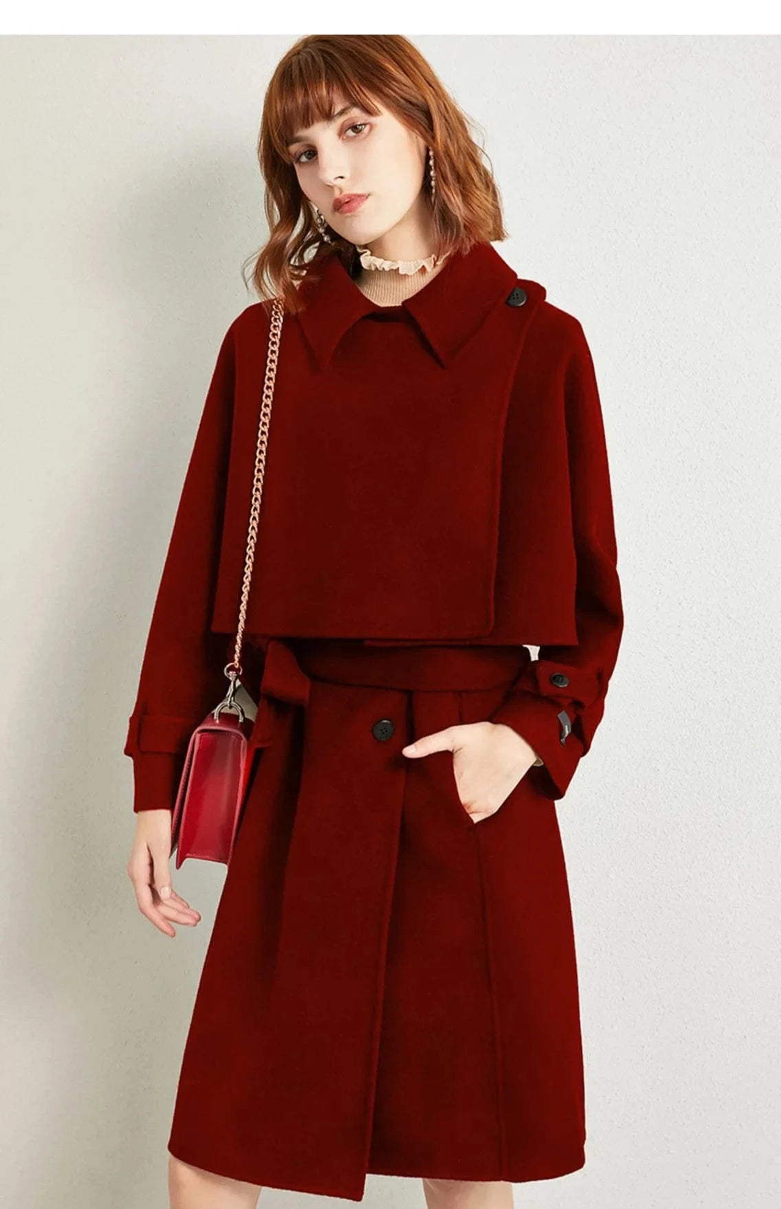XS / Claret Wholesale high quality luxury winter new design ladies cloak two piece set wool coat women
