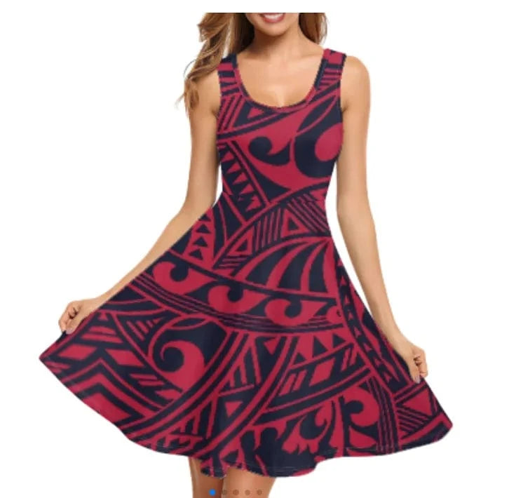 XS / DLG4596 1pc Custom Pink Polynesian Flower Print Spaghetti Strap Party Dresses Summer Sleeveless Swing Essentials Women's Tank Midi Dress