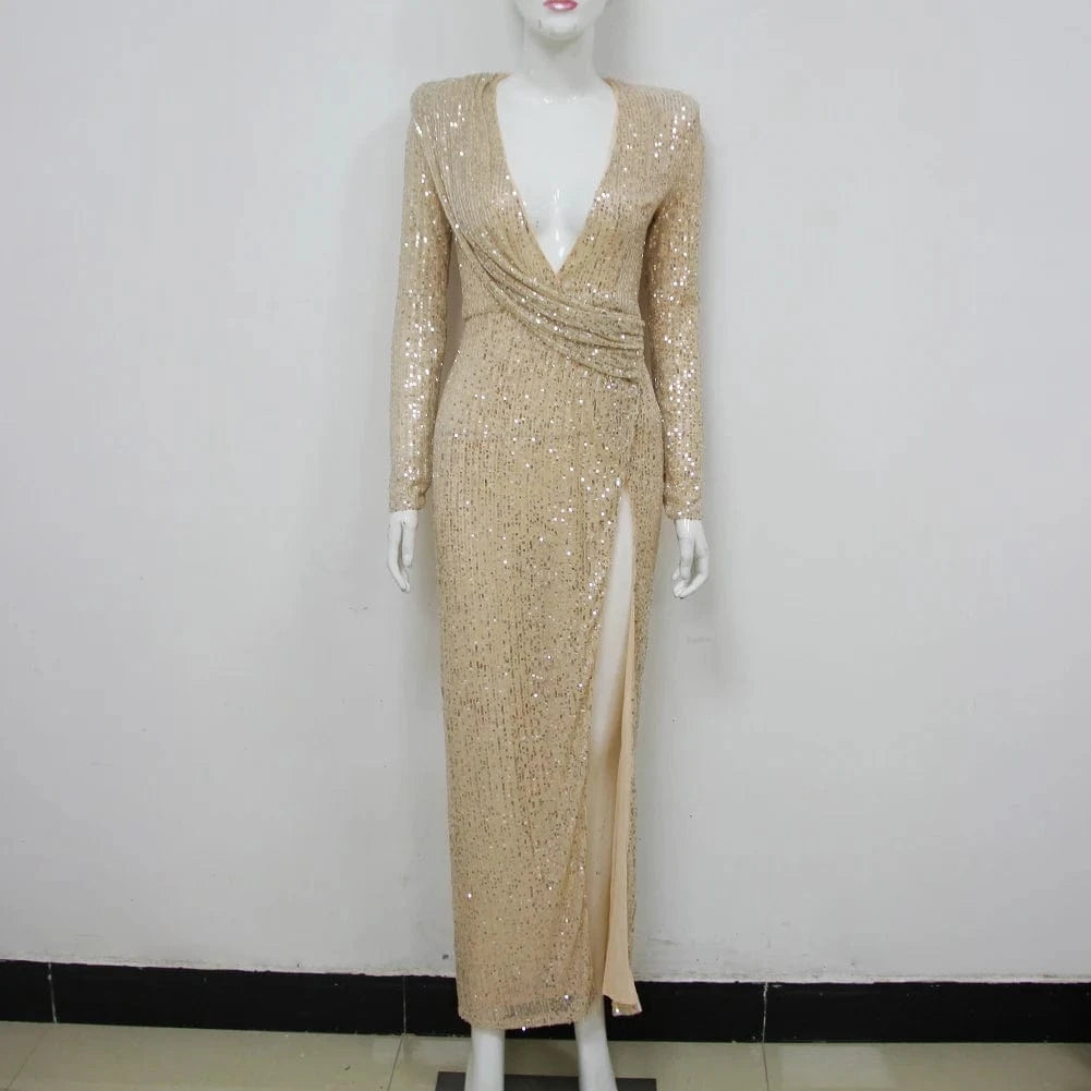 XS / Golden Black Long Sleeves Sequined Dresses High Split Party Dresses Women Evening Elegant Dress