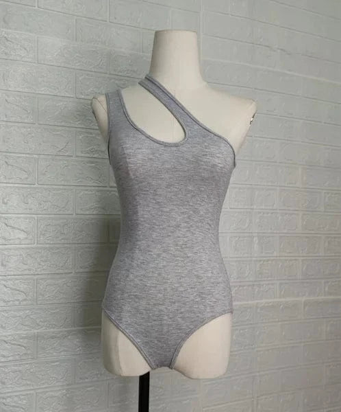 XS / Gray Custom Logo  rib stretched single shoulder romper bodycon outfit hollow out bodysuit for women