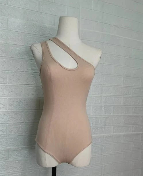 XS / Khaki Custom Logo  rib stretched single shoulder romper bodycon outfit hollow out bodysuit for women