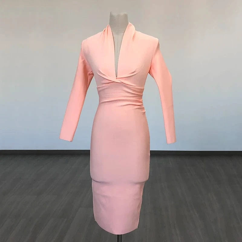 XS / Light Orange BA042 New Women's Top Party Casual Bandage Dress Long Sleeve High Quality Midi Vestidos Bodycon Deep V-Neck Sexy Evening Dresses