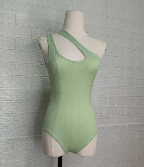 XS / MINT Custom Logo  rib stretched single shoulder romper bodycon outfit hollow out bodysuit for women