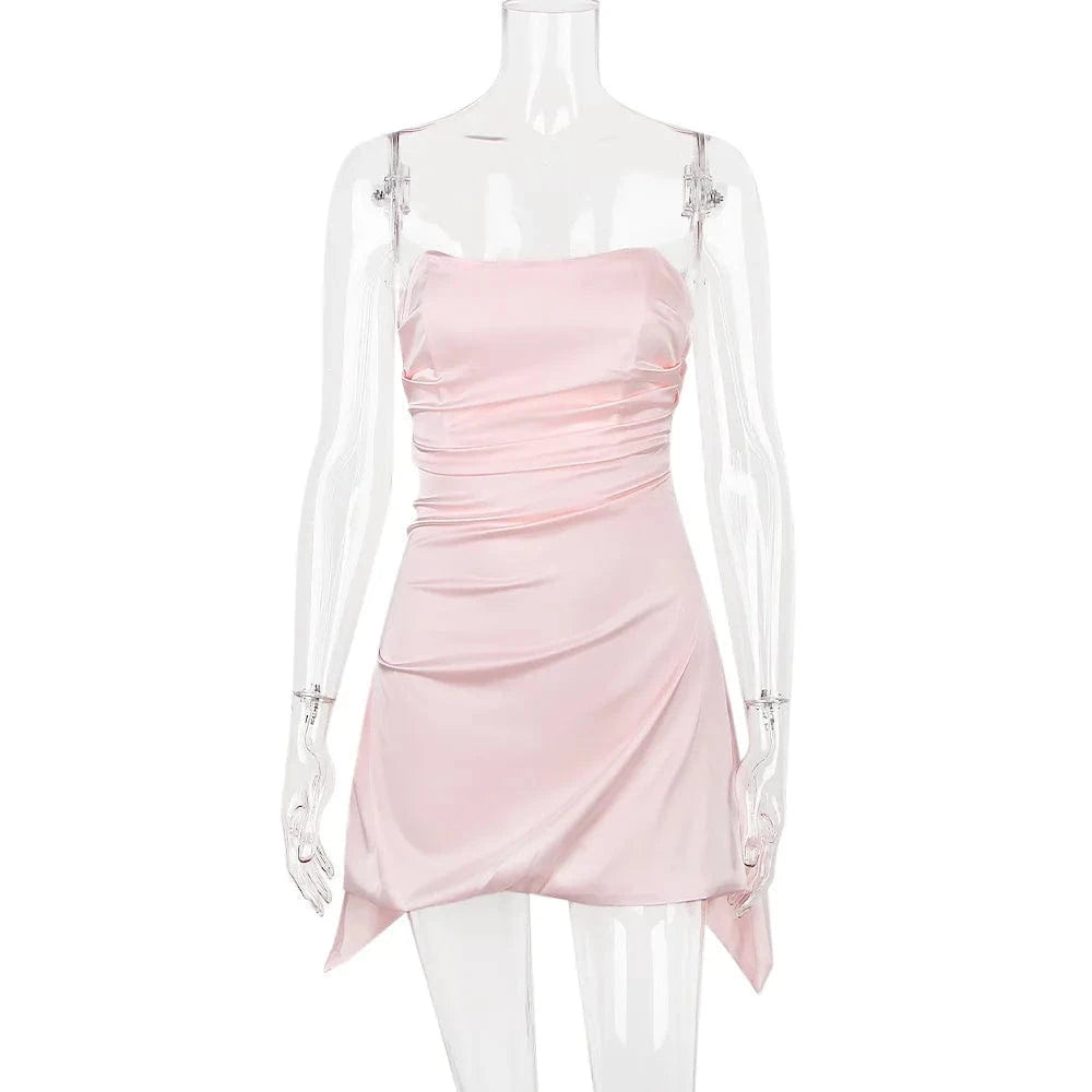 XS / Pink luxury party off the shoulder silk bridesmaid ruched tight hot sexy elegant tube corset mini satin strapless dress for women