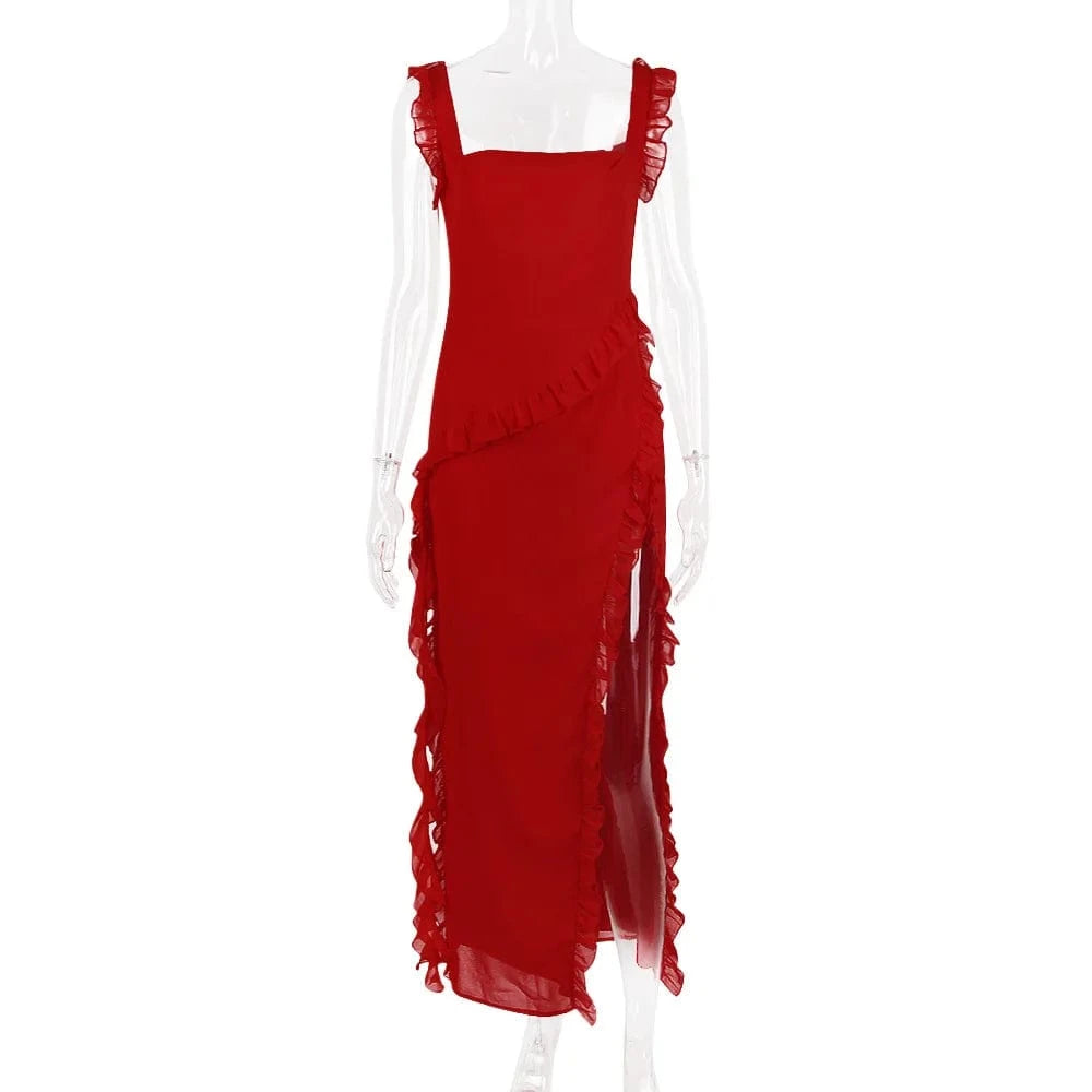 XS / Red 2024 Elegant chiffon evening dresses for women maxi dress with slit women ruffle dress