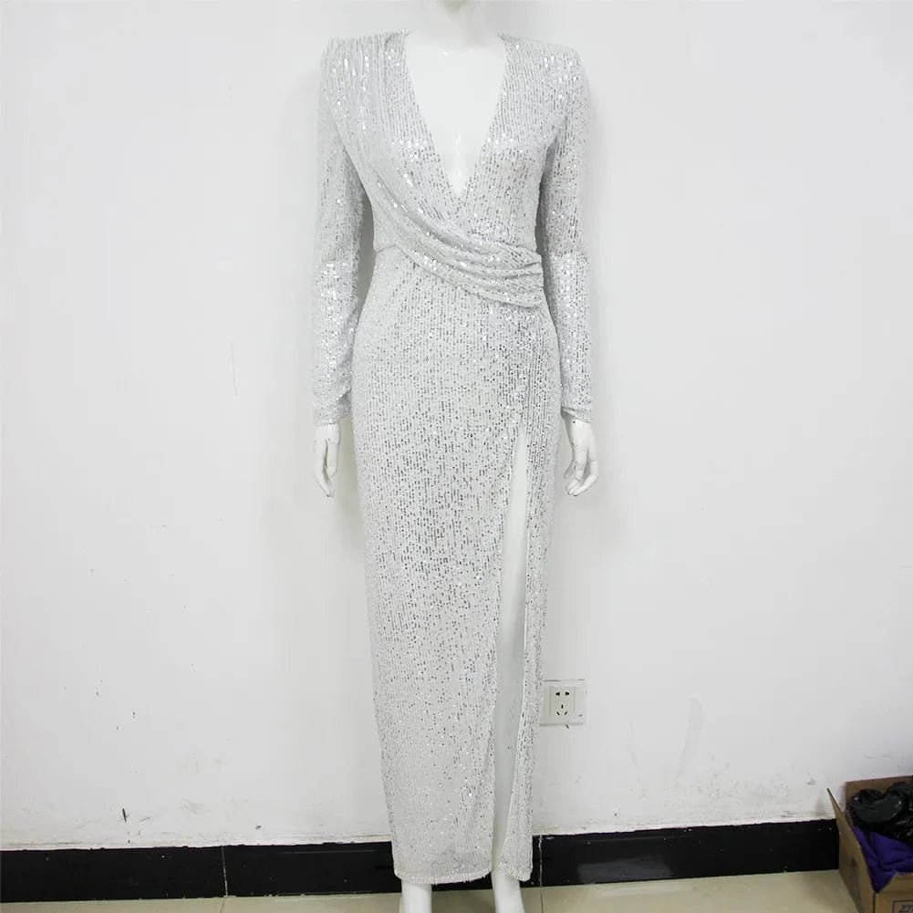 XS / silver Black Long Sleeves Sequined Dresses High Split Party Dresses Women Evening Elegant Dress