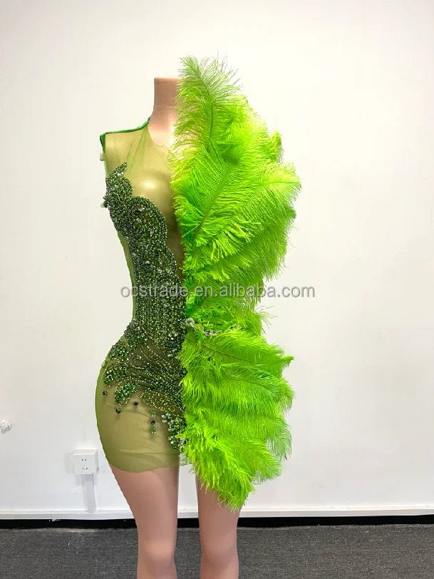 XS / TH23072205 green Ocstrade Beaded Sparkly Feather Evening Dress Purple Dresses Women Lady Elegant Sexy Rhinestone Chain Prom Dresses 2023 Short