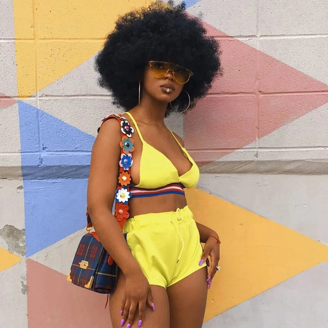 XS / Yellow Sexy Bra Top Shorts Ribbon Button Two Piece Sets Ladies Top Plain Shorts Set 2 Piece Crop Top and Shorts Women Sets