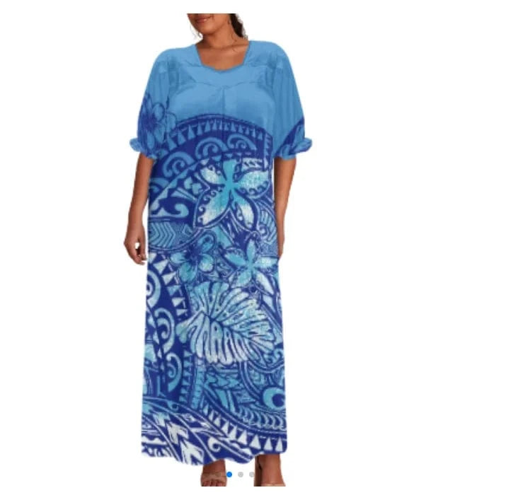 XS / YSF0875-1 brand new 2024 summer beach isalnd casual tribal dress custom design polynesian puff sleeve large size straight long mumu dress