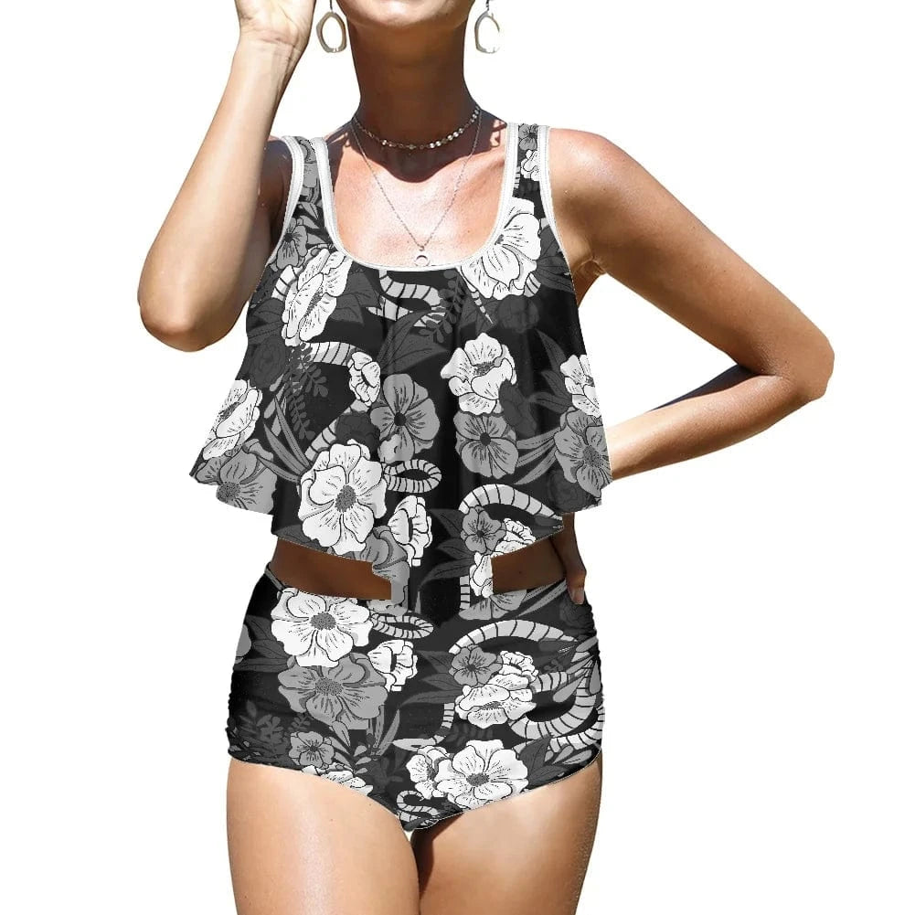 XXL / 12 Custom 1MOQ Women Swimsuits Vintage Samoan Tribal Print High Waist Top Ruffle Push Up Padded Bra Bathing Suit