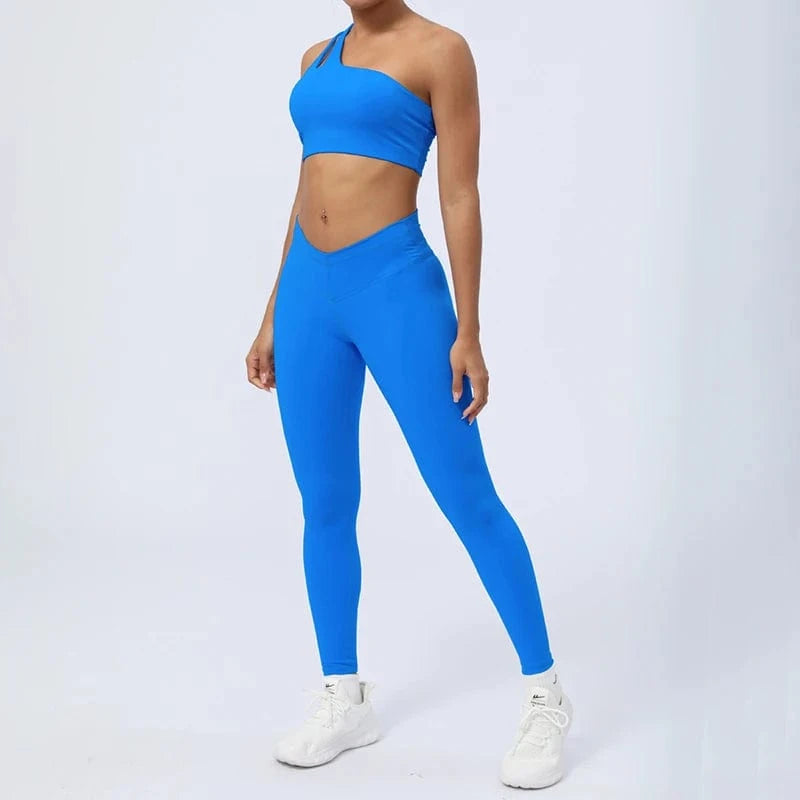 XXL / 4 2024 New Women Gym Yoga Set Sexy Breathable Single One Shoulder Yoga Bra And Elastic High Waist V Cut Leggings Gym Fitness Sets