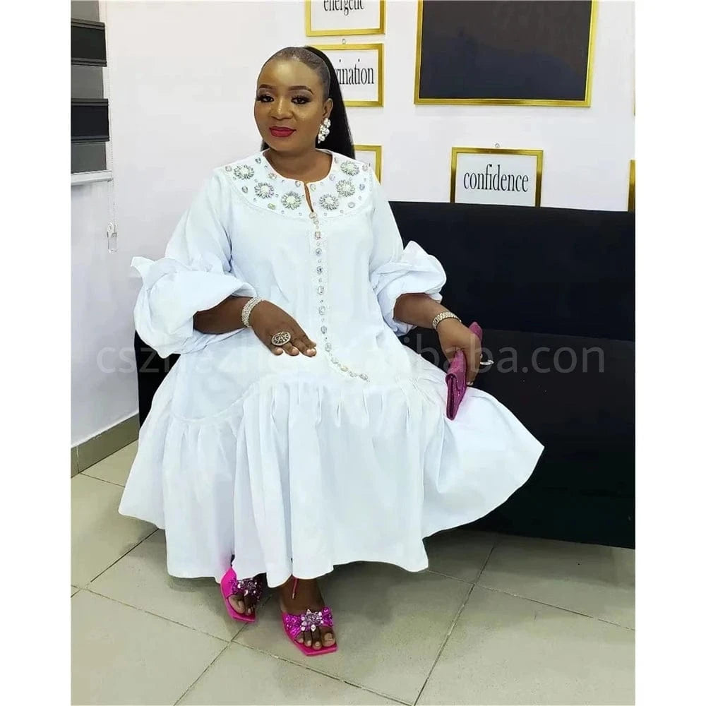 xxl-5xl Plus Size 2024 Spring Long Sleeve Satin Muslim Robe Dress Elegant Loose Maxi Beaded Dress Party Dress African Women