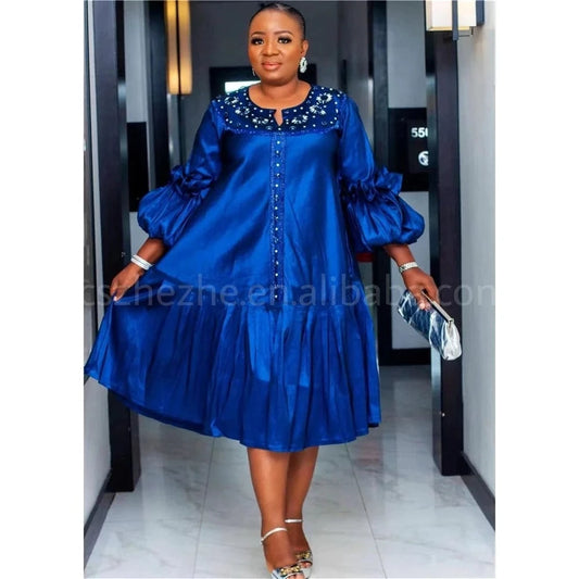 xxl-5xl Plus Size 2024 Spring Long Sleeve Satin Muslim Robe Dress Elegant Loose Maxi Beaded Dress Party Dress African Women
