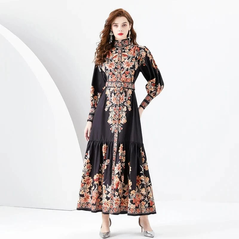 XXL / Black 2024 Early Spring Standing Neck Lantern Sleeves Wave Edge Long Retro Print Dress KL6341080