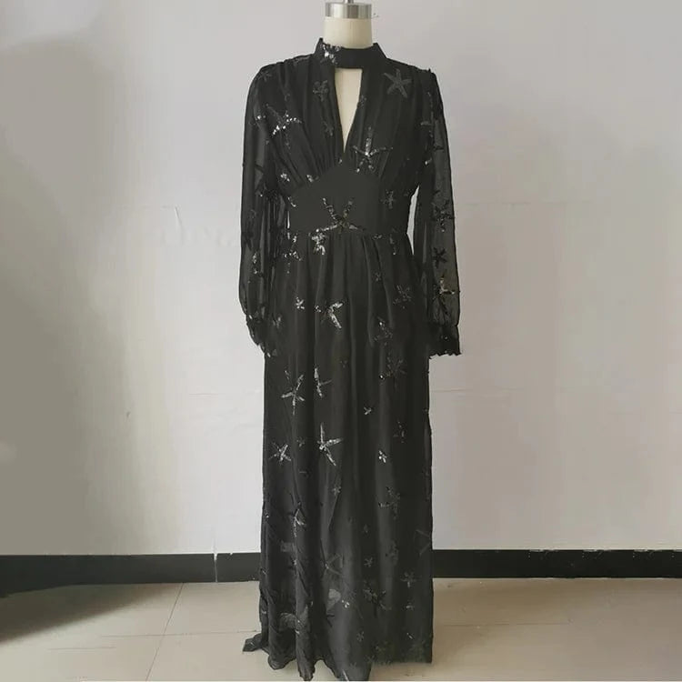 XXL / Black 2024 Latest Women Turtleneck Tulle Evening Dresses High Slit Sequined Maxi Dress Ladies Long Sleeve Party Gowns Dress