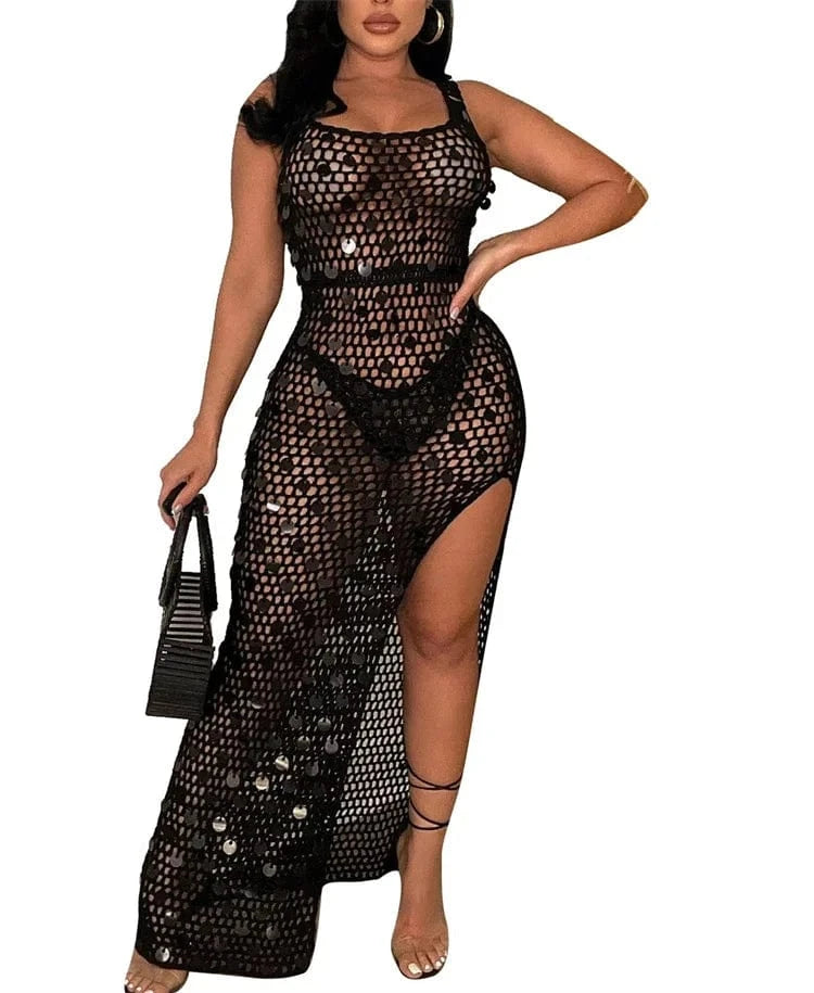 XXL / Black Sequined Patchwork Hand Knitted Tank Long Dress Women Sexy Hollow Out Sleeveless Side High Split Summer Beach Robe Cover Up