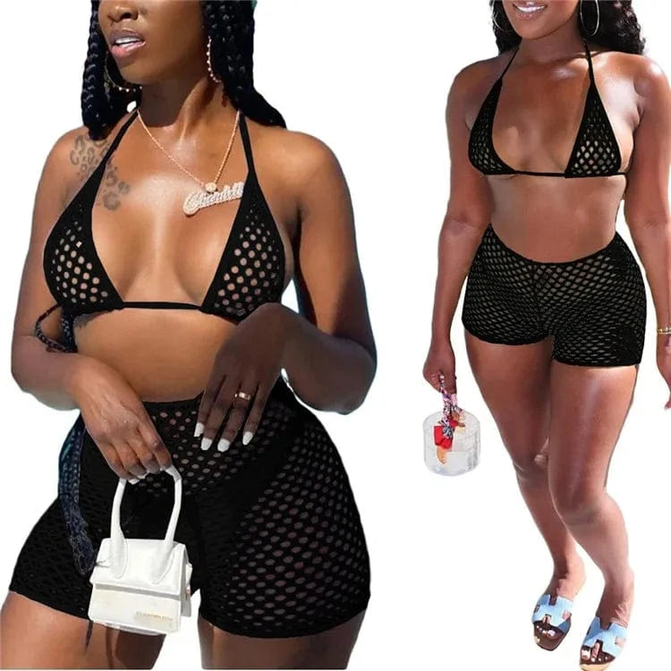XXL / Black Sexy 3 Piece Bikinis Sets Women Halter Bandage Hollow Out Mesh Skirt Swimsuit 2024 Summer Bathing Suit